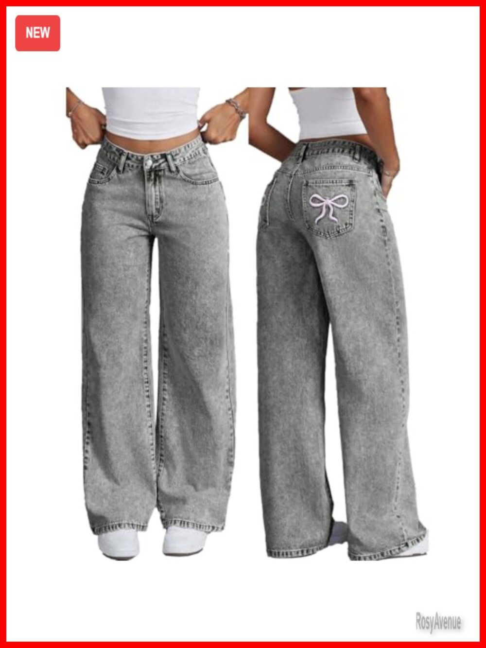 Y2K Baggy Wide Leg Denim Jeans Bow Embroidered Skater Streetwear